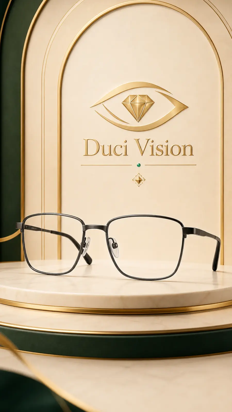 Composição Duci Vision com símbolo dourado e armação metálica